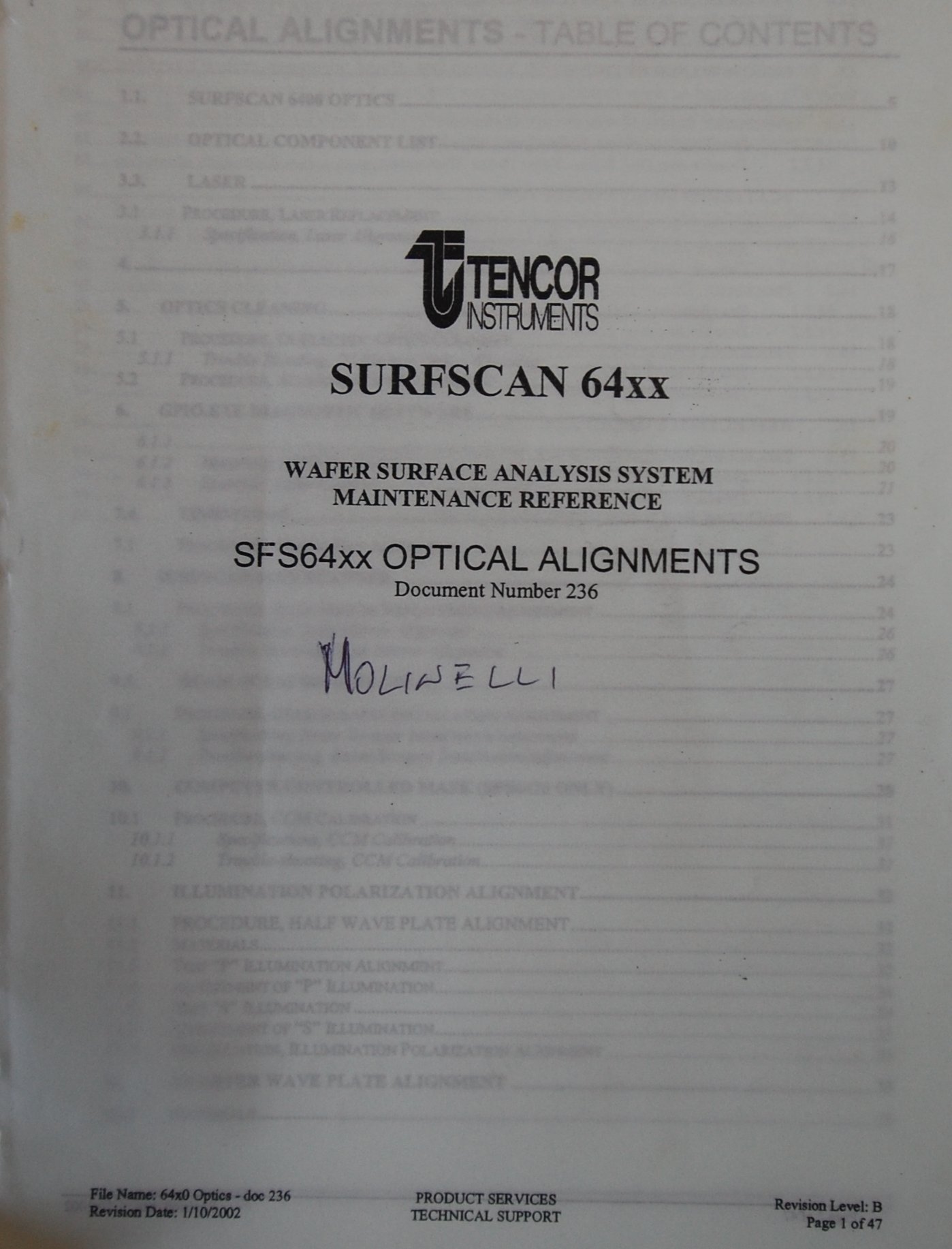 KLA TENCOR surfscan 64XX optical alignments Document Number 236